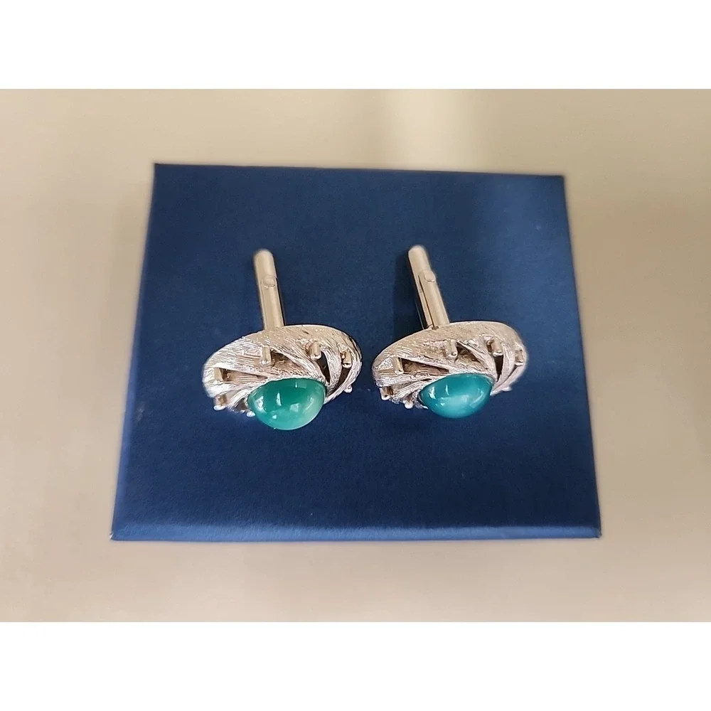 Vintage Green Moonglow‎ Cat's Eye Lucite Cufflinks Swank Silver Tone Oval Rare